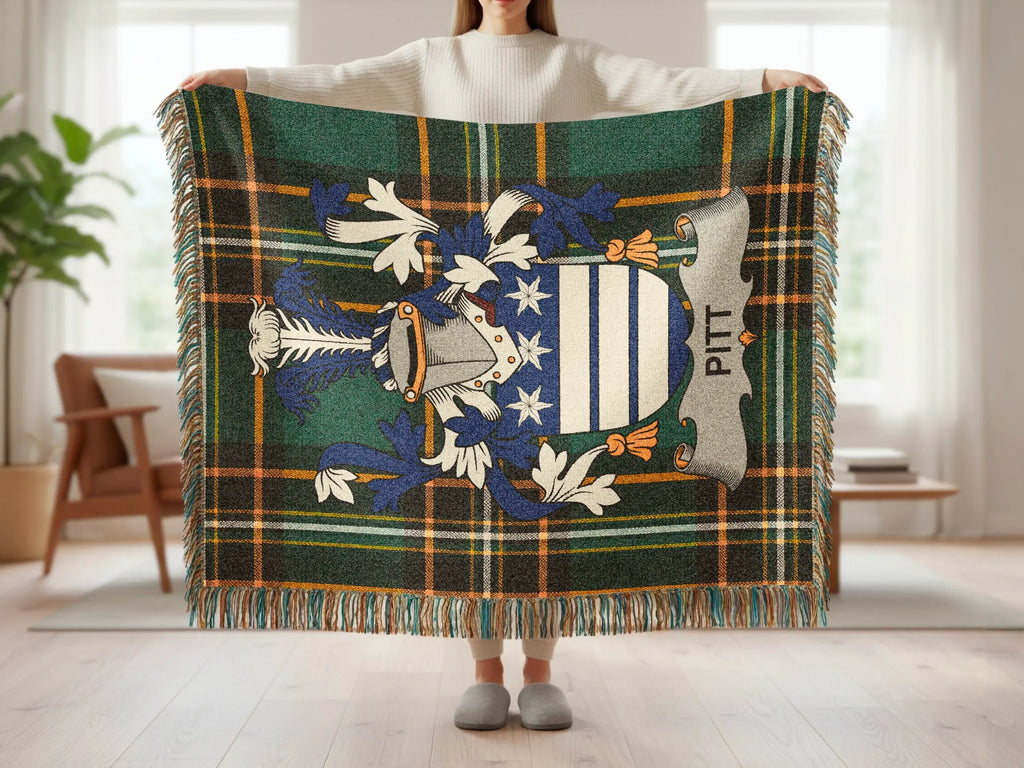 Plaid throw blanket with shield crest and "PITT" text.