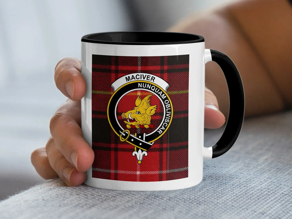 MacIver clan crest tartan design mug — 15 oz with black handle shown from side