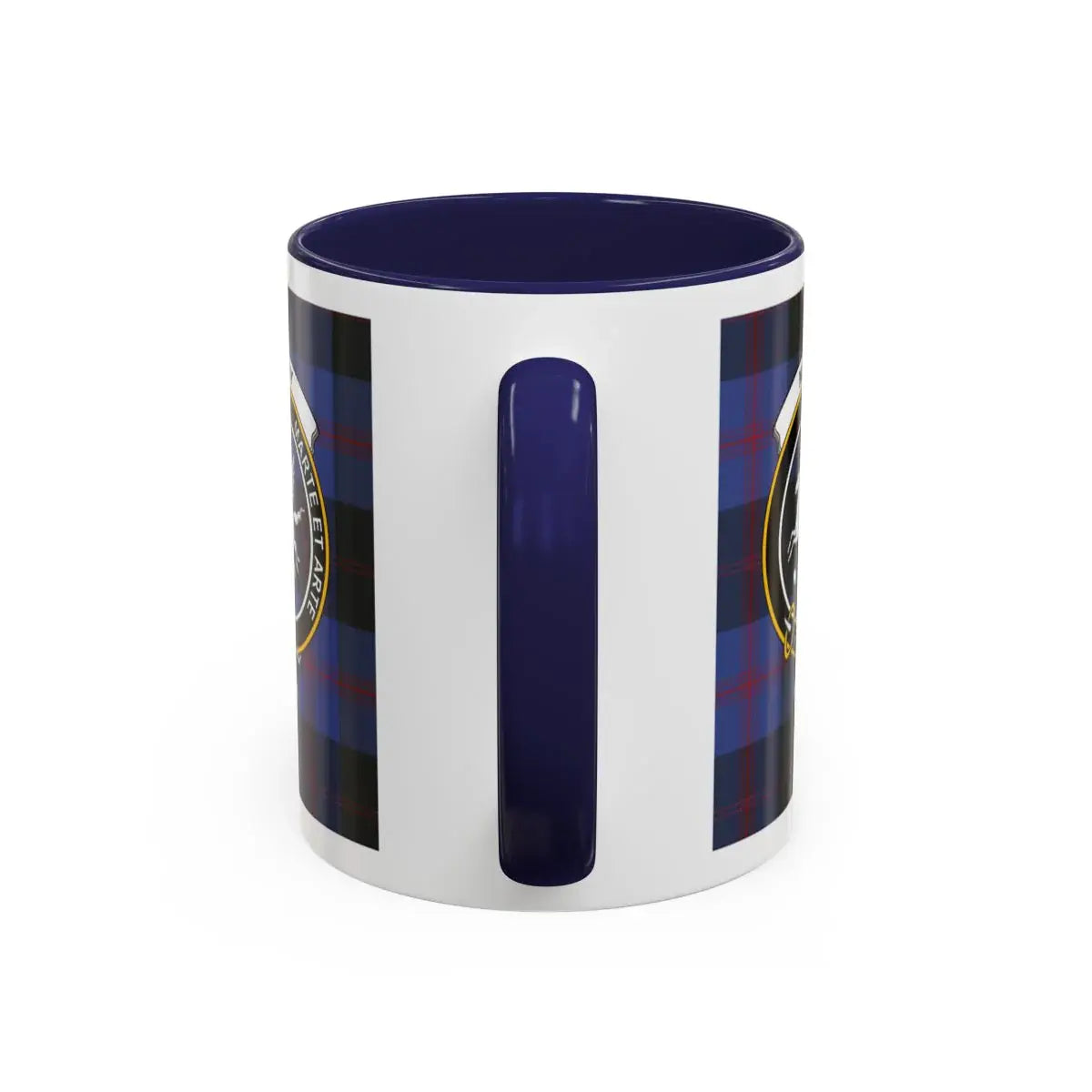 Blue Plaid Design Mug with Badge Emblem