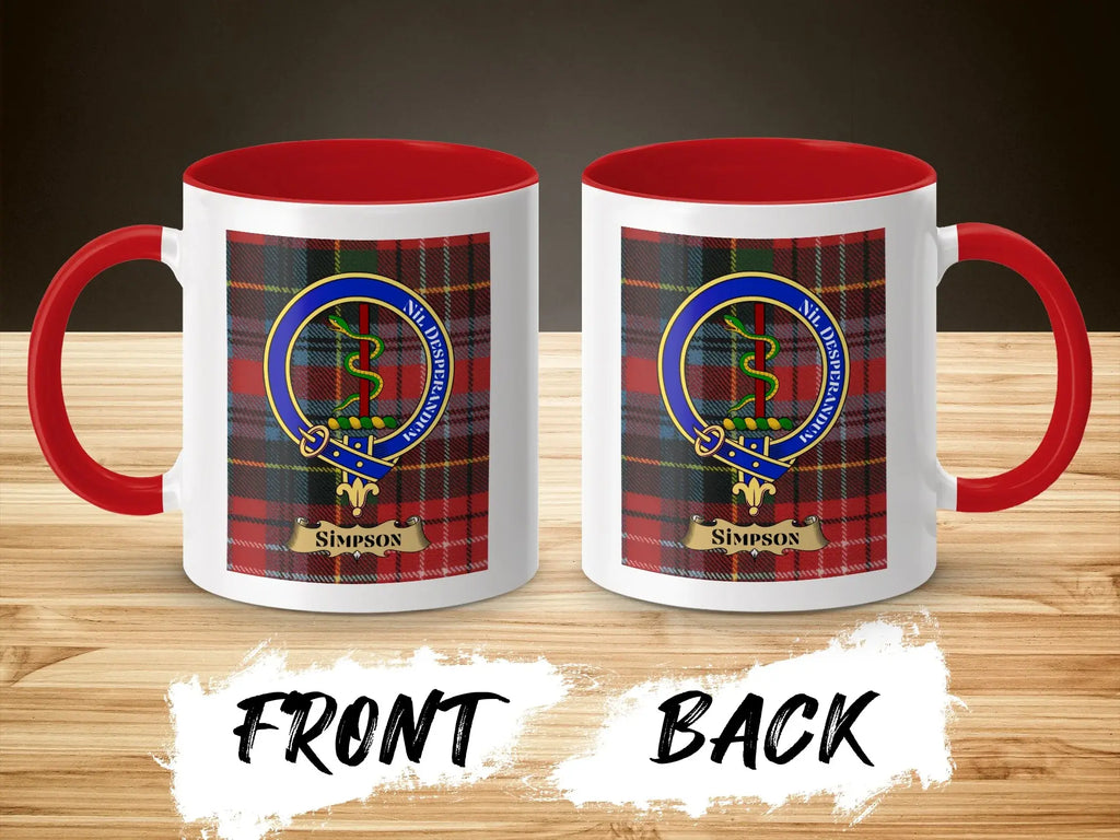 Simpson tartan-background crest mug shown as a Scottish heritage gift