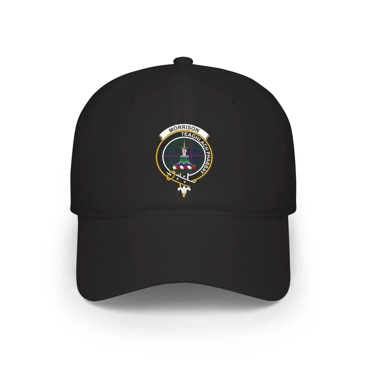 Morrison Teaghlach Phabbay clan crest emblem cap — printed cotton baseball cap in black