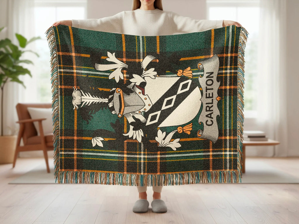 Dark Green Gold Plaid Carleton Crest Fringe Blanket