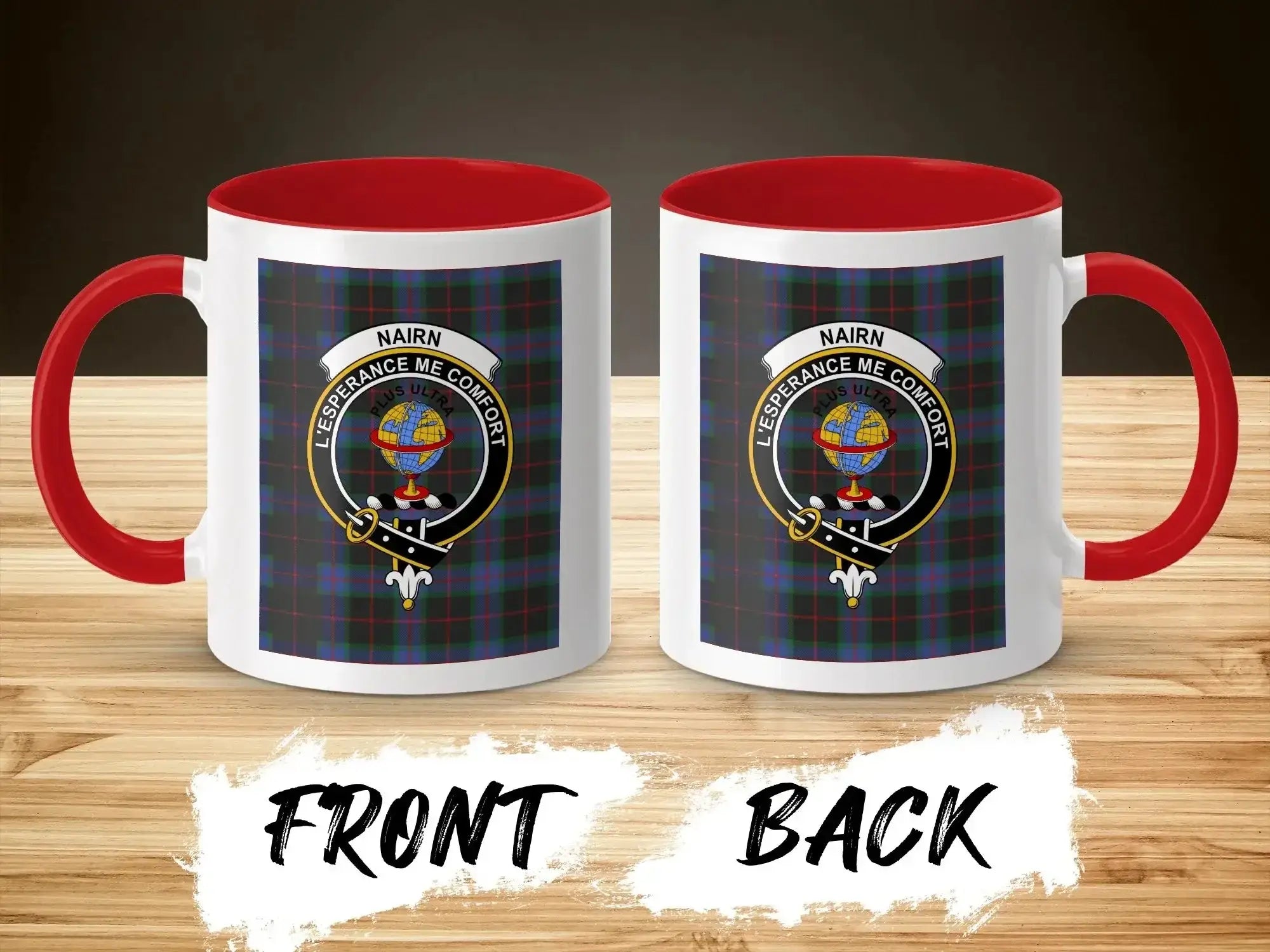 Clan Nairn L'Espérance Me Conforte tartan mug — glossy ceramic, navy accent handle, 11 oz