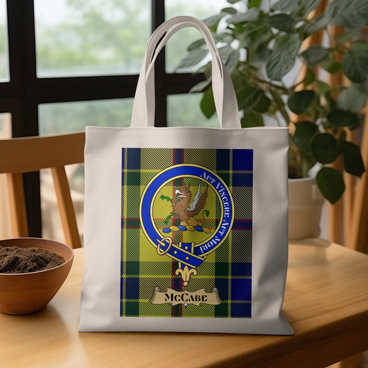 Scottish Clan Crest on Tartan Background Tote Bag - Living Stone Gifts