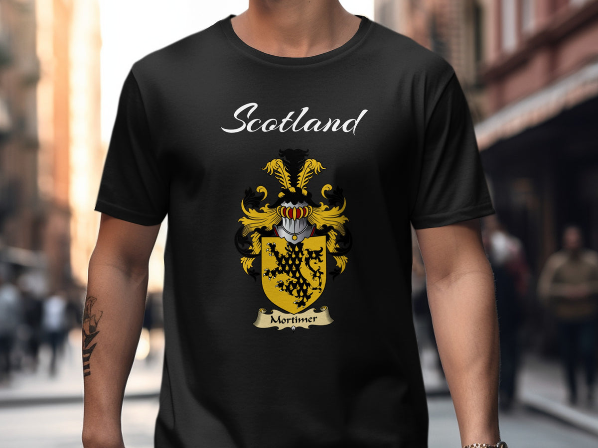 Mortimer Scottish family shield design on Black T-shirt