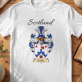 White Ewing Scottish family shield T-shirt featuring a blue stepped chevron with red stars