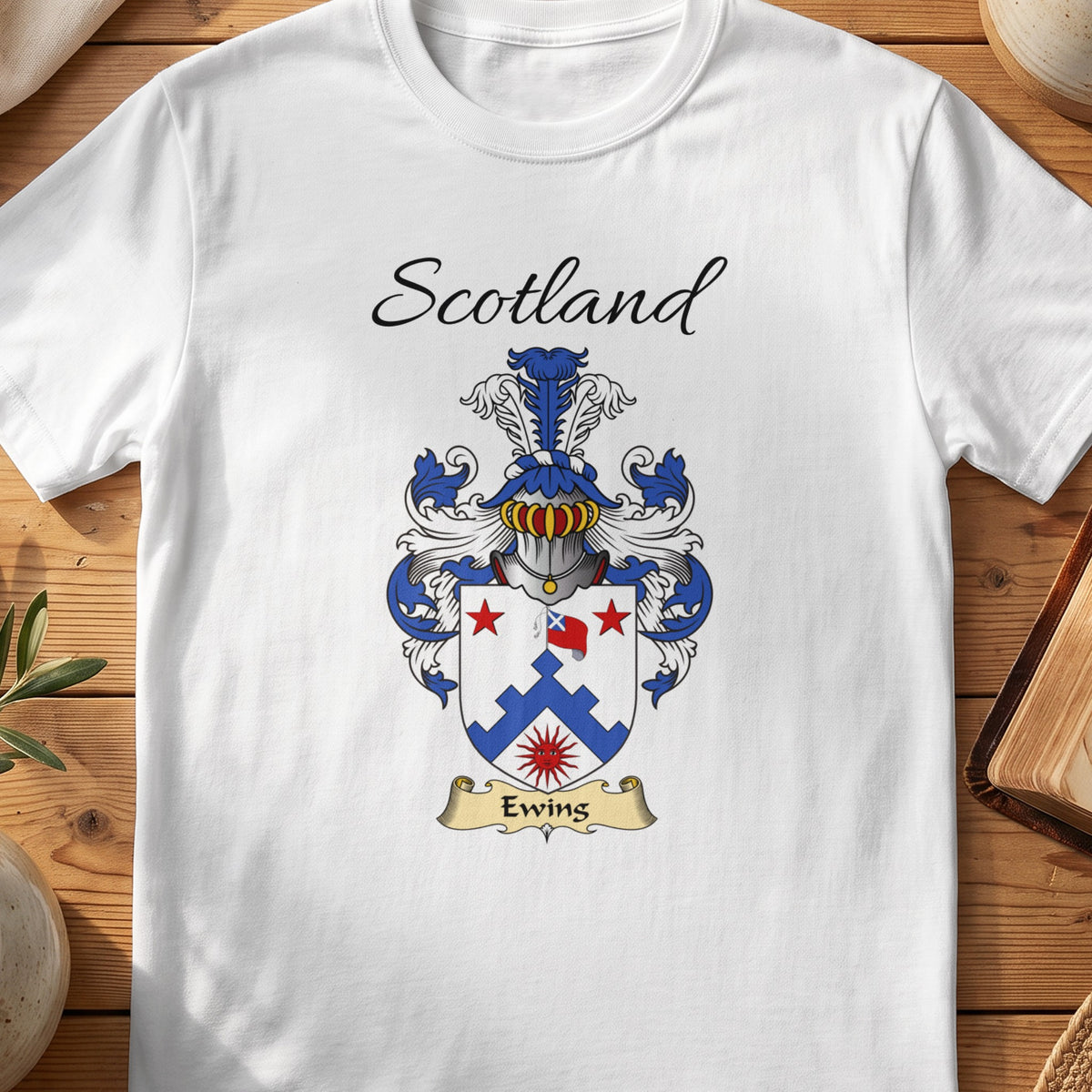 White Ewing Scottish family shield T-shirt featuring a blue stepped chevron with red stars