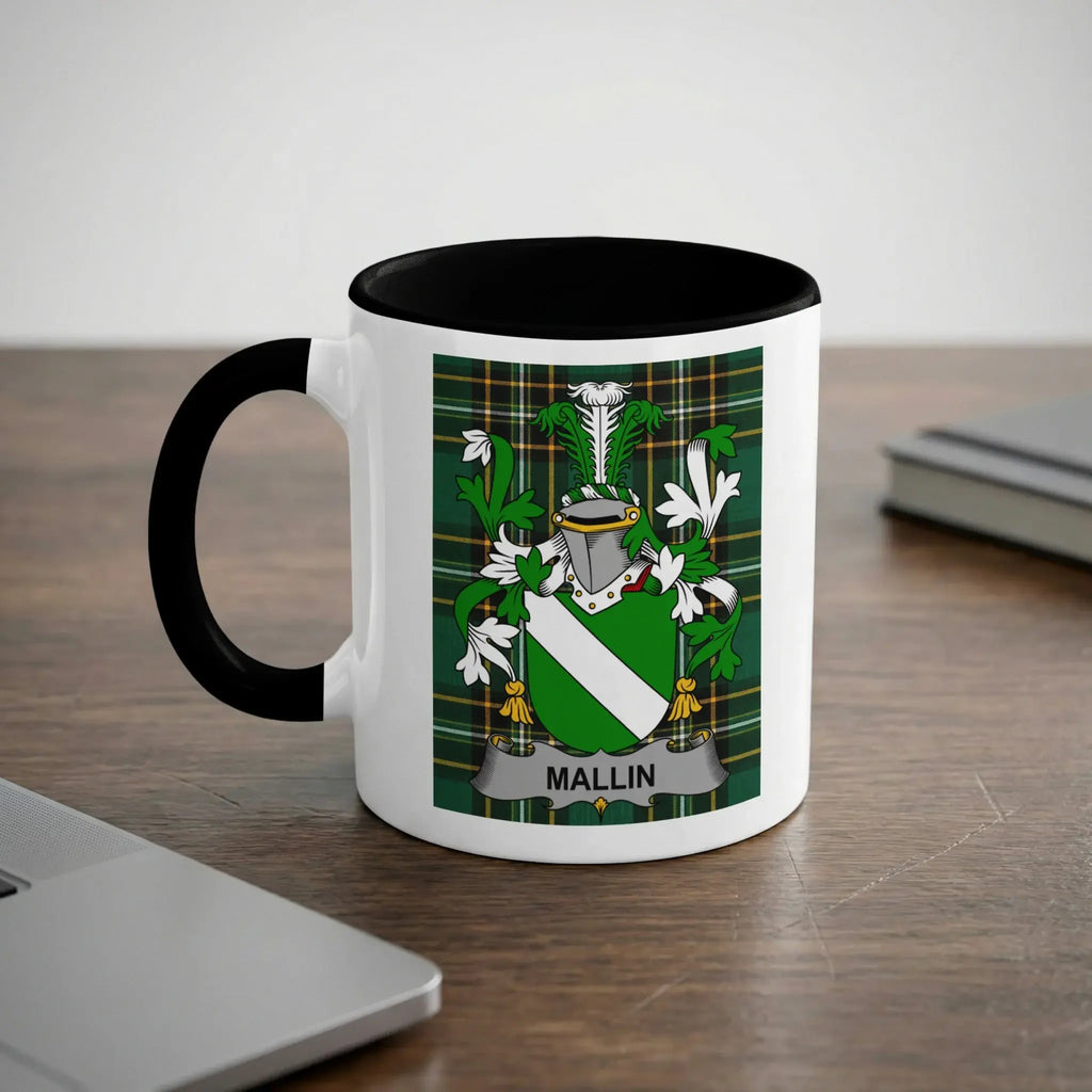 White mug with black handle and interior displaying the Mallin family crest.
