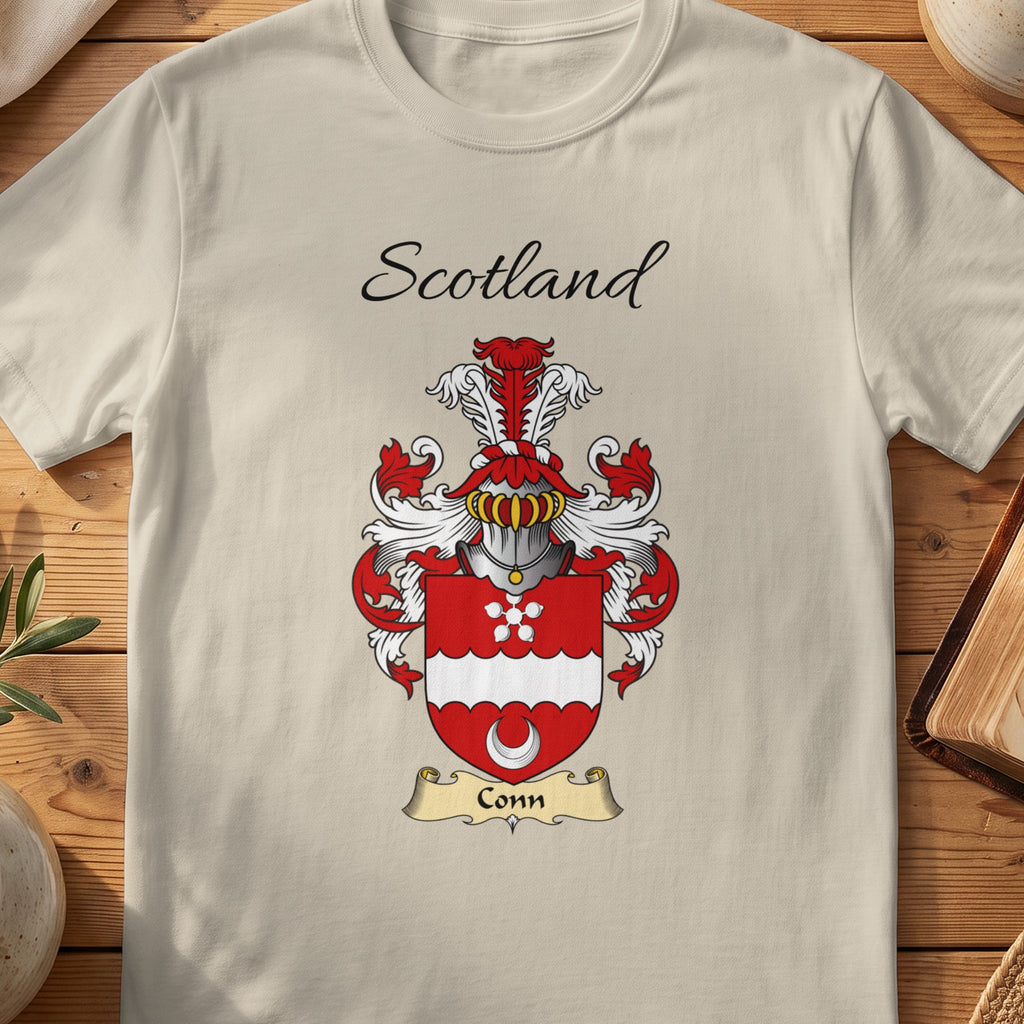 Sand Conn Scottish family shield T-shirt featuring a white scalloped band and crescent on red