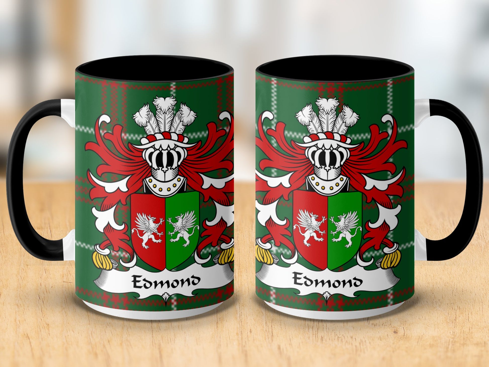 Edmond Welsh Surname Coat of Arms Tartan Background Mug - Living Stone Gifts