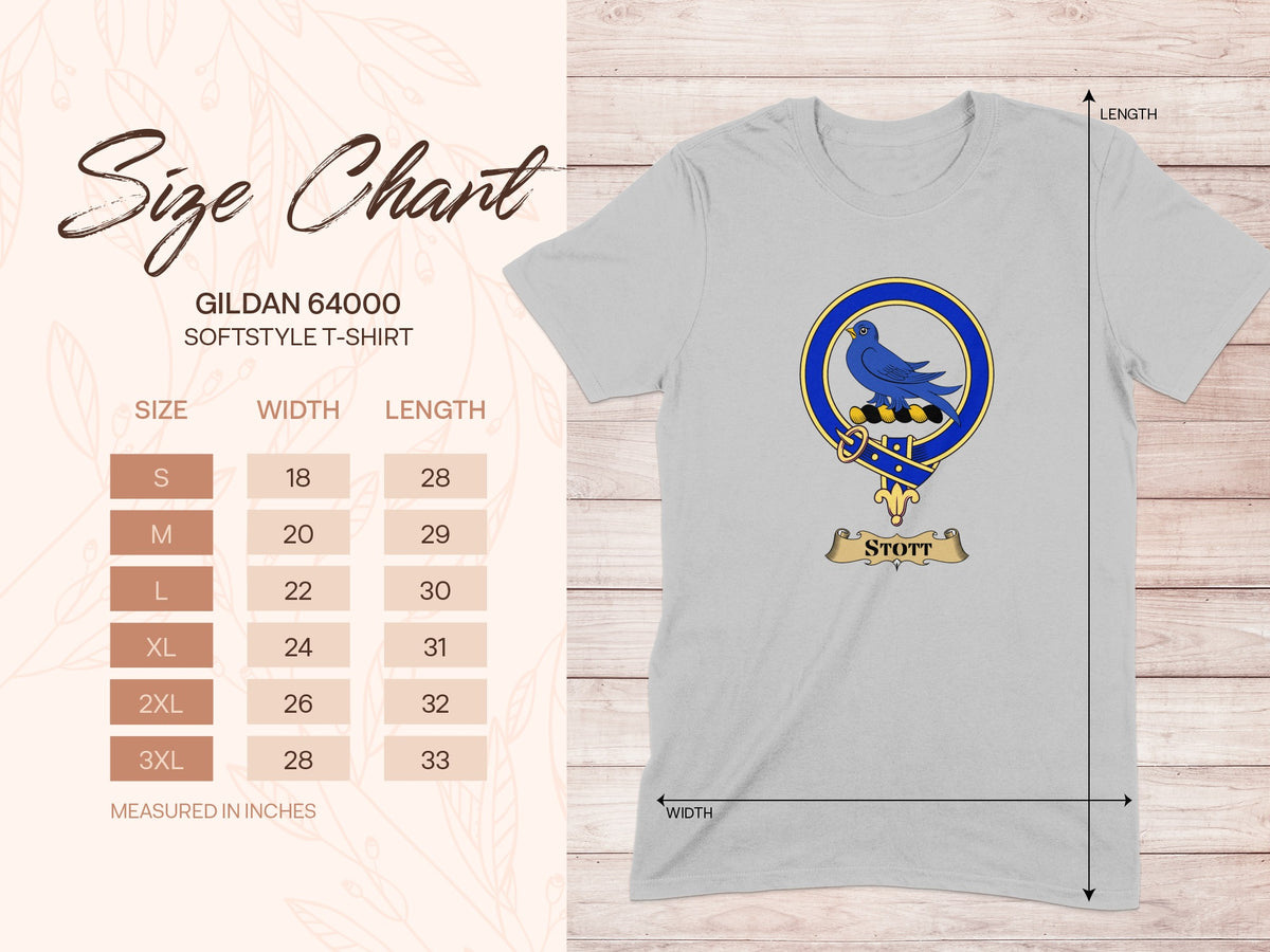 Gildan 64000 size chart for Stott Scottish clan crest T-shirt