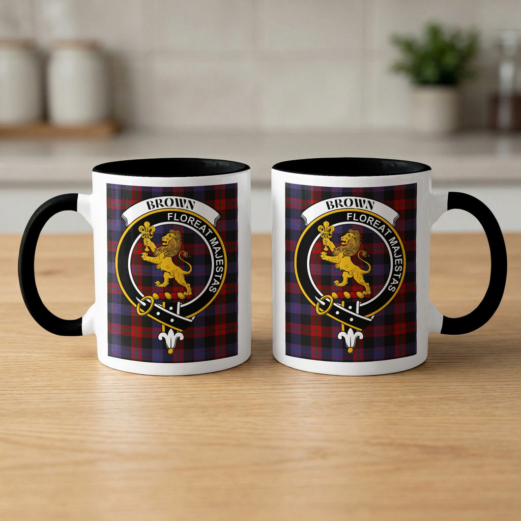 Brown family crest mugs side by side — tartan background, front and back