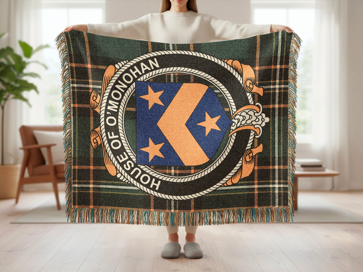 O'Monohan surname blanket showing Irish National Tartan woven design