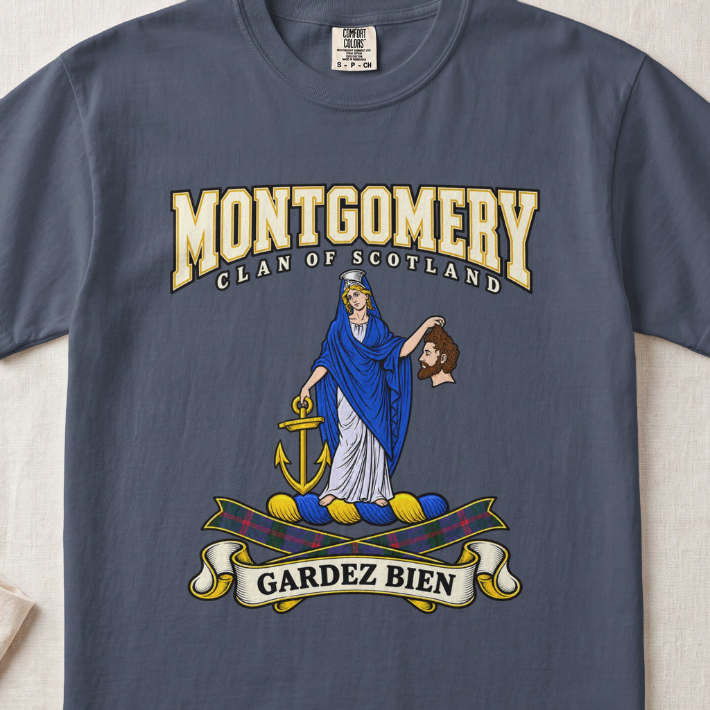 Montgomery Scottish clan graphic T-shirt in Midnight, front view