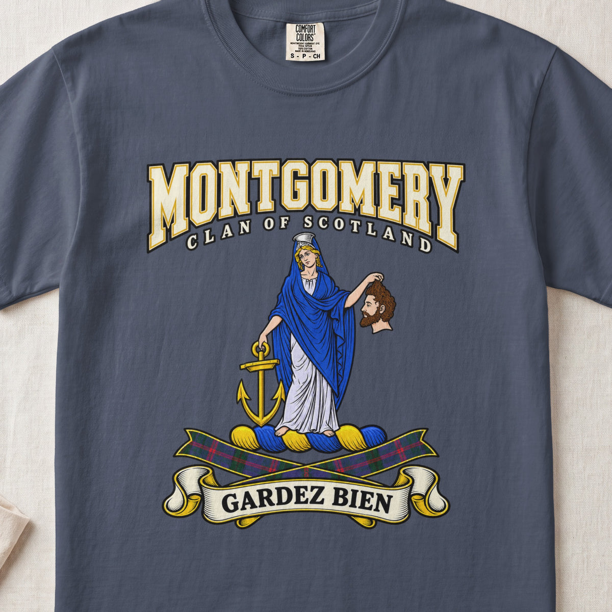 Montgomery Scottish clan graphic T-shirt in Midnight, front view