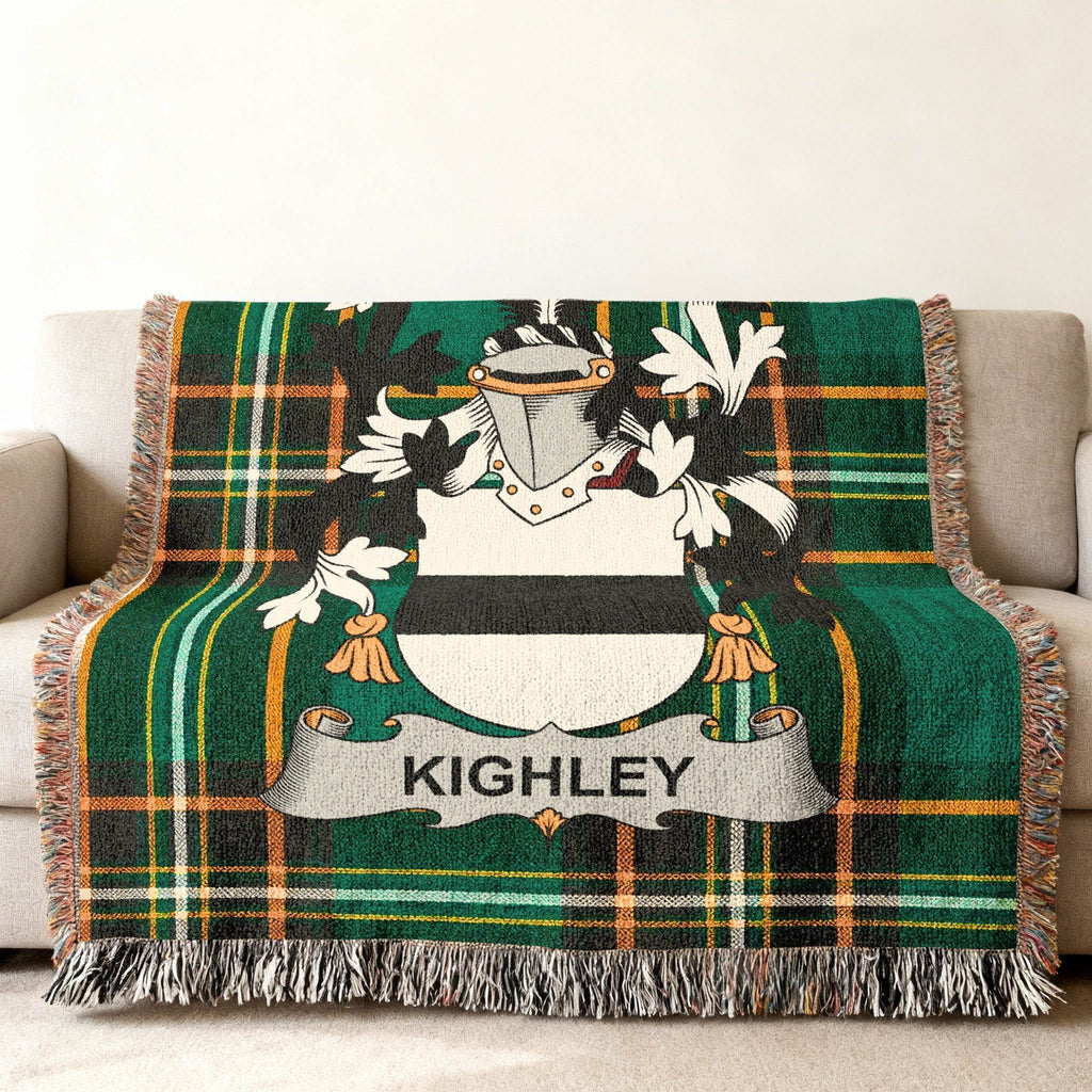 Green tartan throw blanket featuring the Kighley family crest.