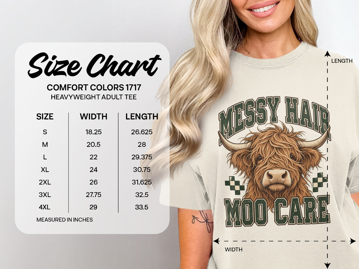 Comfort Colors 1717 size chart, S–4XL, for the Messy Hair, Moo Care Highland cow T-shirt