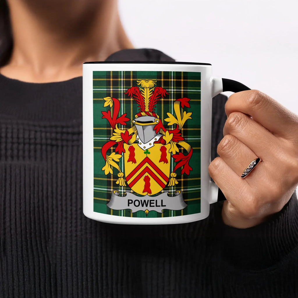 Powell black accent mug with Irish National Tartan and family crest