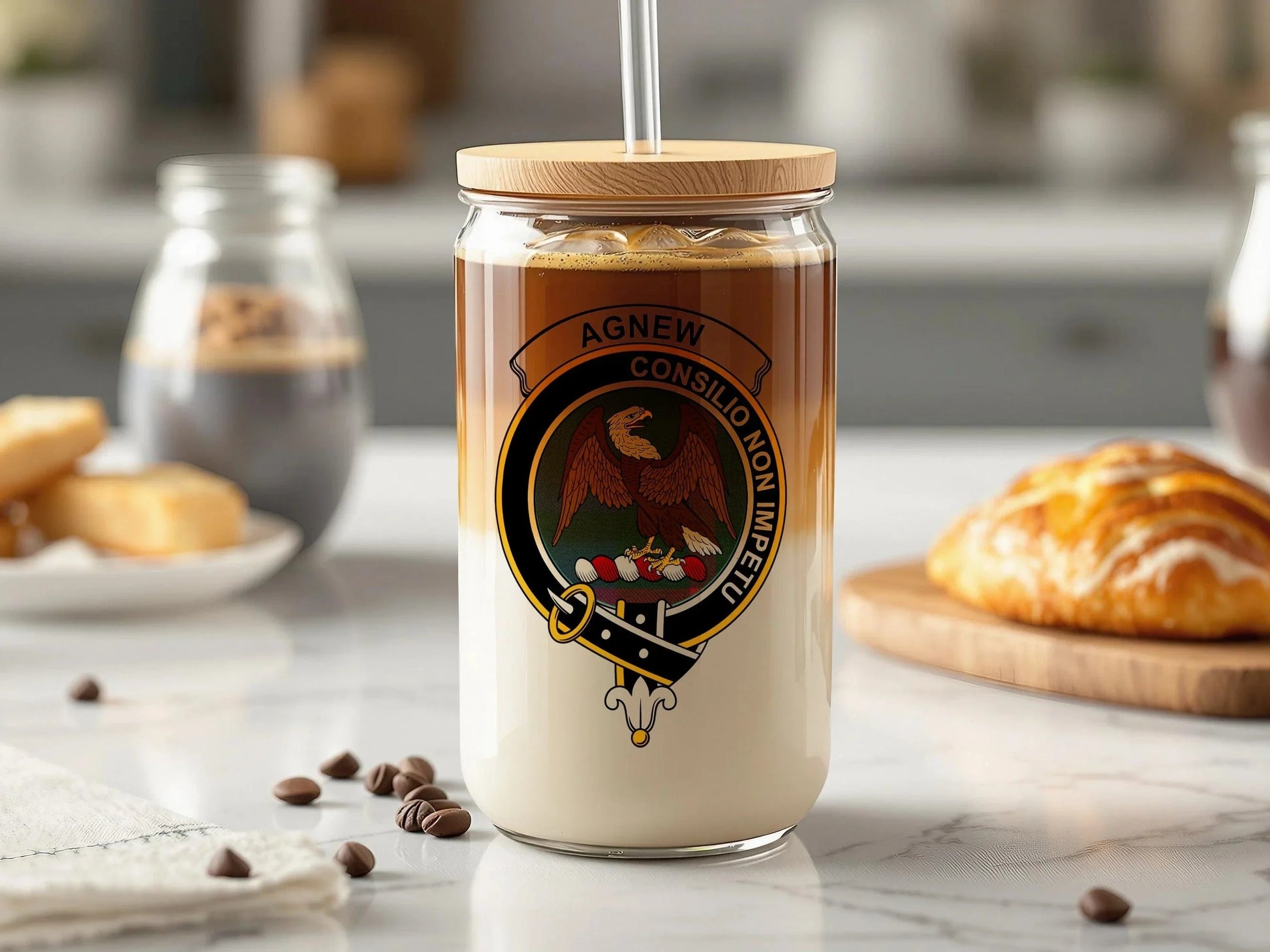 Agnew Clan Crest with Eagle Emblem Glass Sipper Cup - Celtic Ancestry Gifts