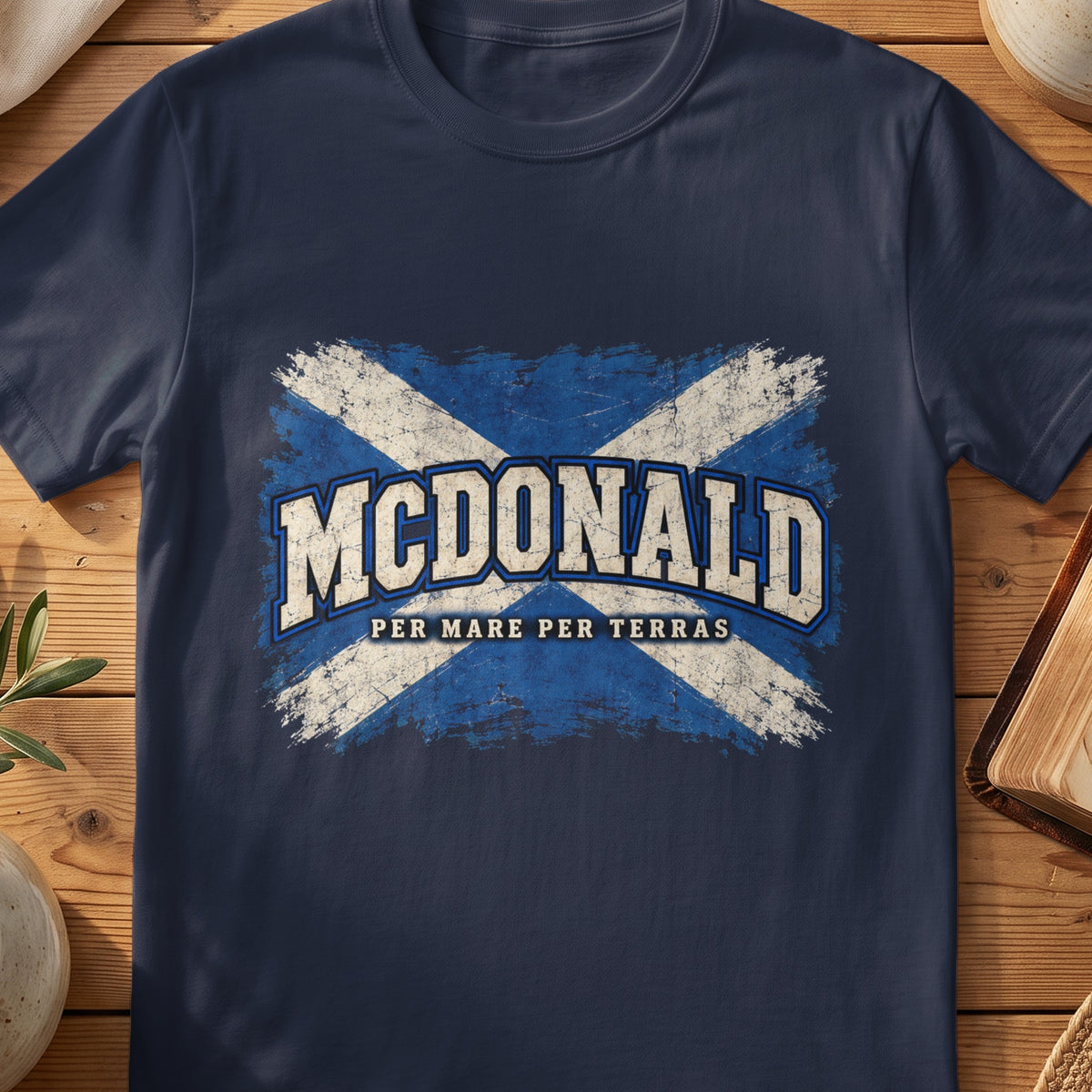 McDonald Scottish Saltire T-shirt in Navy, with distressed blue and cream flag and “Per Mare Per Terras” lettering.
