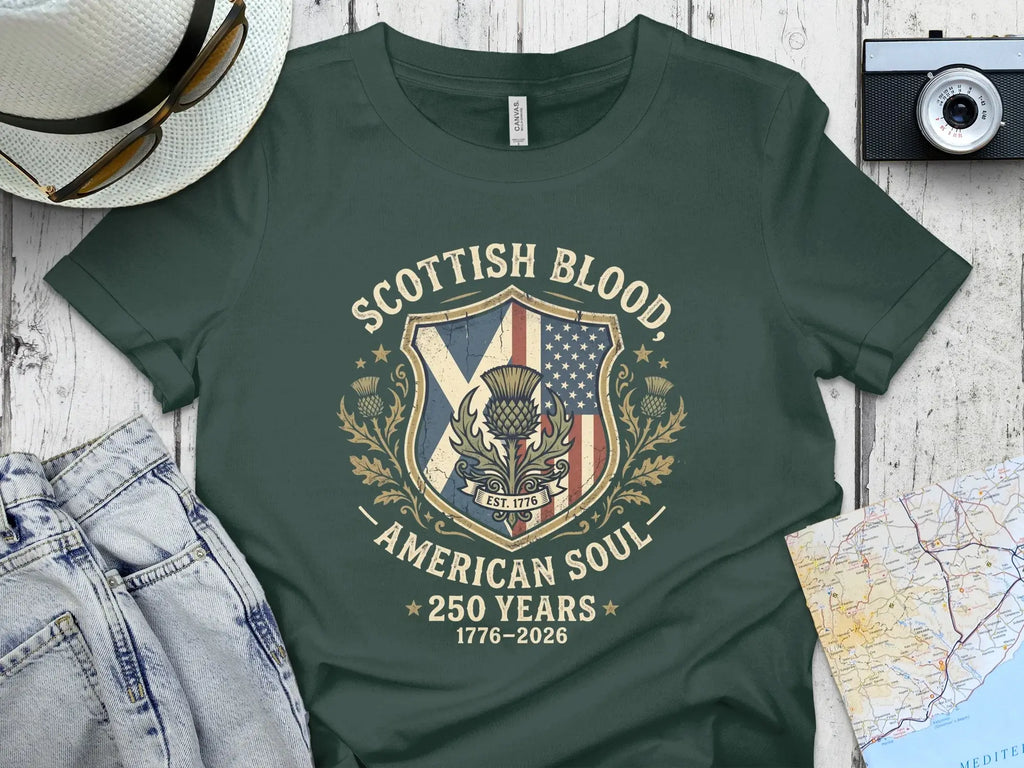Dark green t-shirt with "Scottish Blood, American Soul" design.