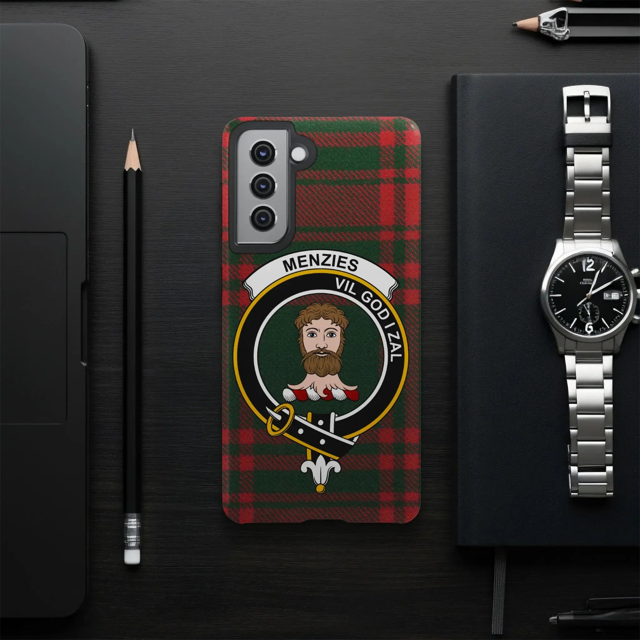 Menzies clan crest phone case — Vil God I Zal tartan wrap print on Samsung Galaxy