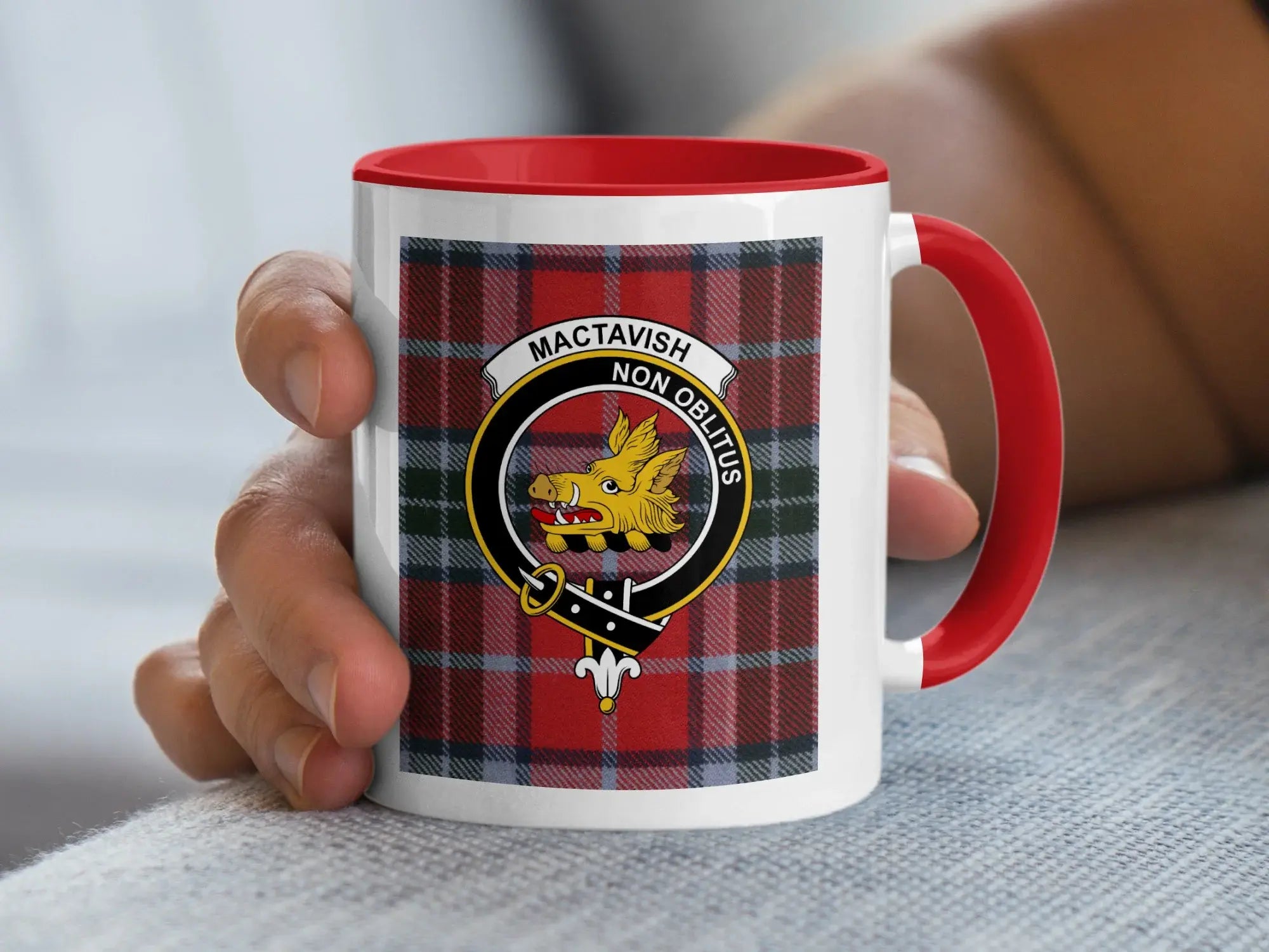 Clan MacTavish Non Oblitus plaid emblem mug — 15oz with black handle and tartan clan crest wrap