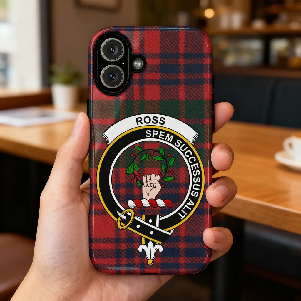 Clan Ross tartan case back view — full crest design on glossy surface