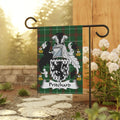Green tartan flag with Pritchard crest, featuring a black lion rampant.
