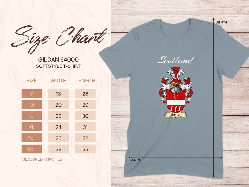 Gildan 64000 size chart for Birnie Scottish family shield T-shirt