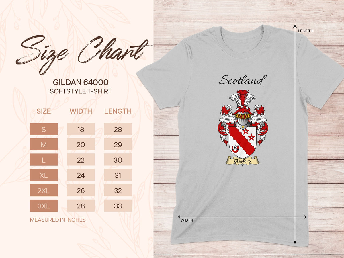 Gildan 64000 size chart for the Glasford unisex T-shirt, sizes S to 3XL