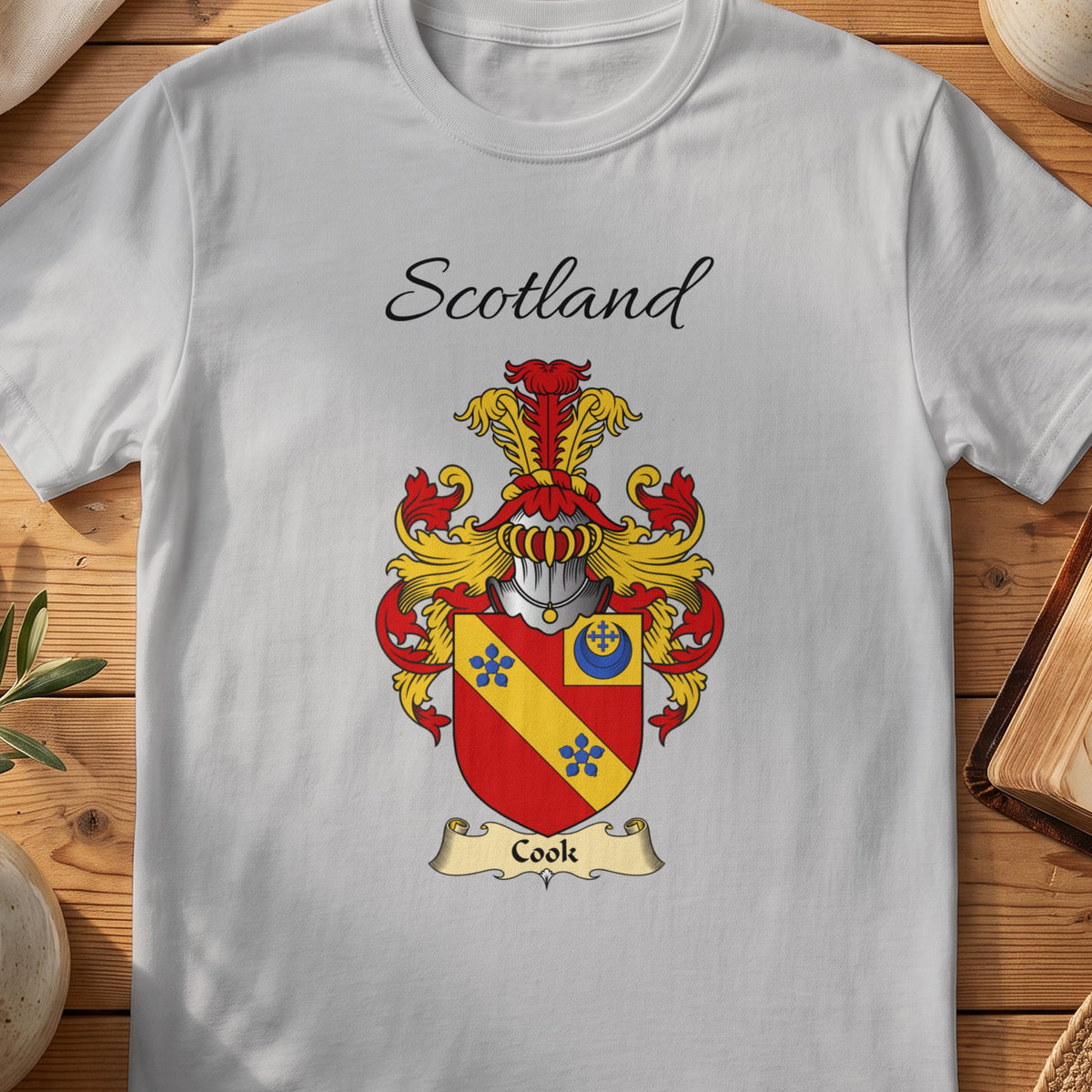 Sport Grey Cook Scottish family shield T-shirt featuring a gold diagonal band with blue flowers on red
