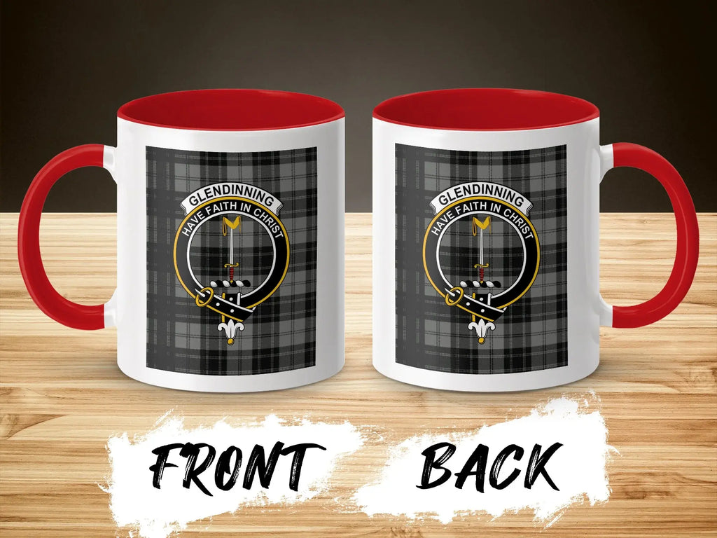 Glendinning accent mug with red handle — clan crest and tartan on white 11oz ceramic body