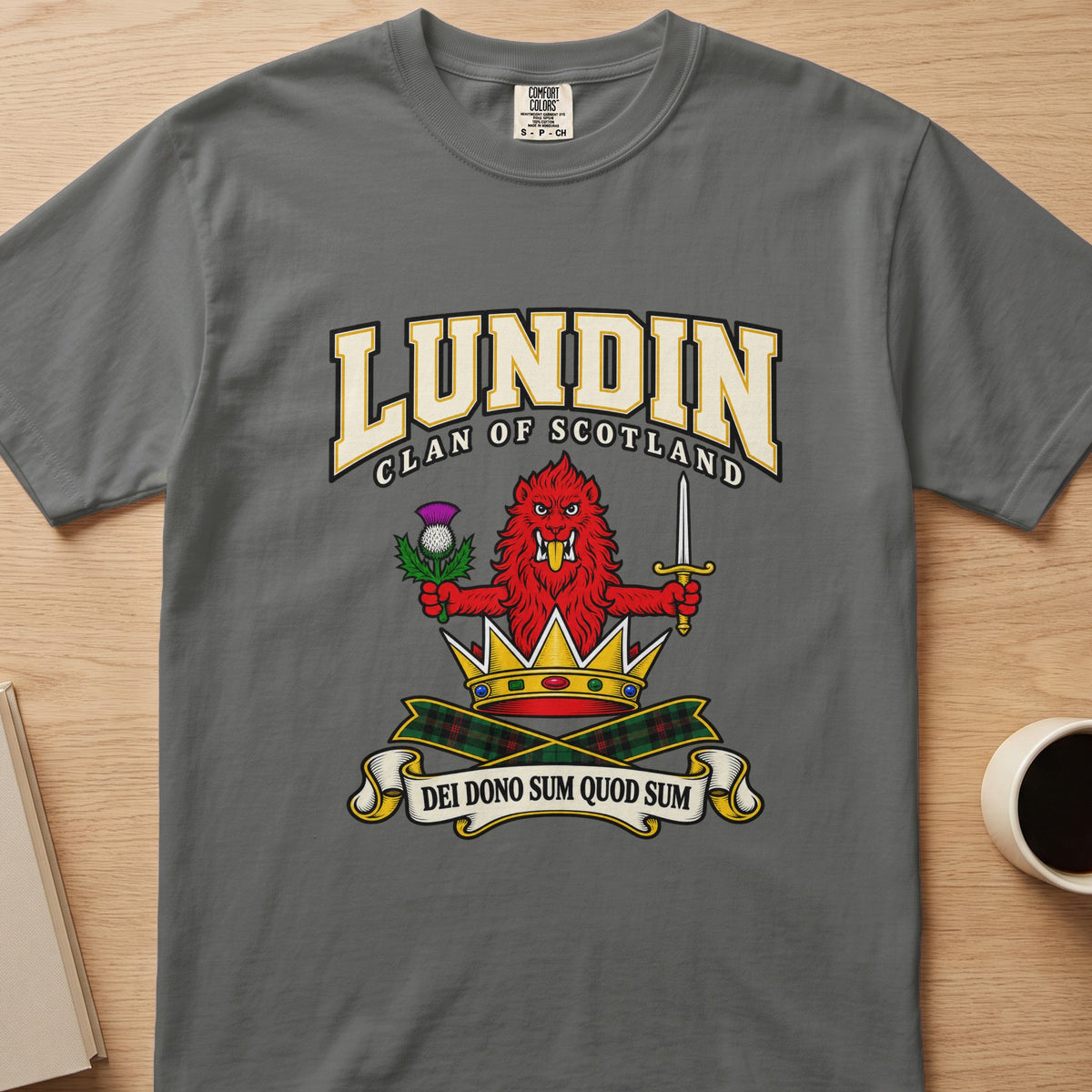 Lundin clan T-shirt in gray, front view with red lion with thistle and sword above a crown