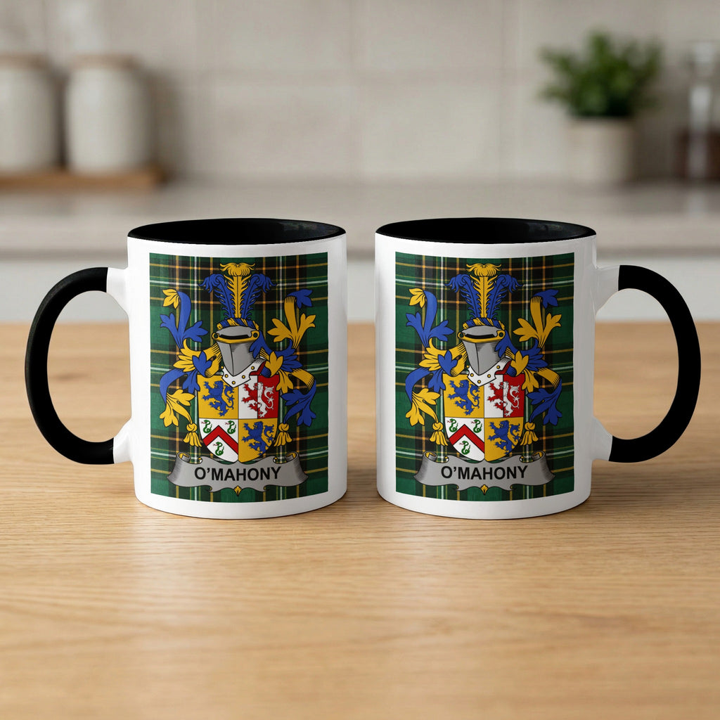 O'Mahony Irish surname mugs front and back — family crest on tartan, black rims