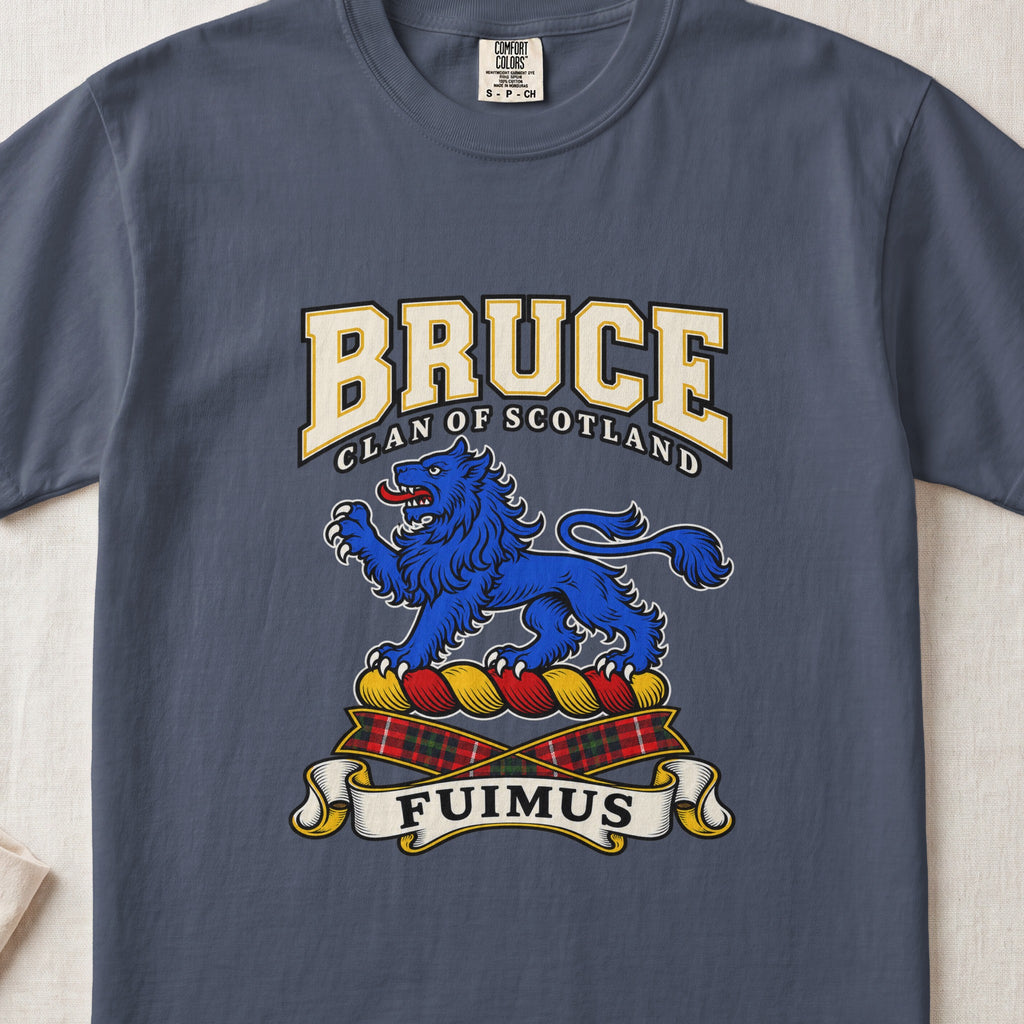 Midnight Bruce Scottish clan T-shirt, front flat lay with varsity lettering, blue lion crest and Fuimus motto.
