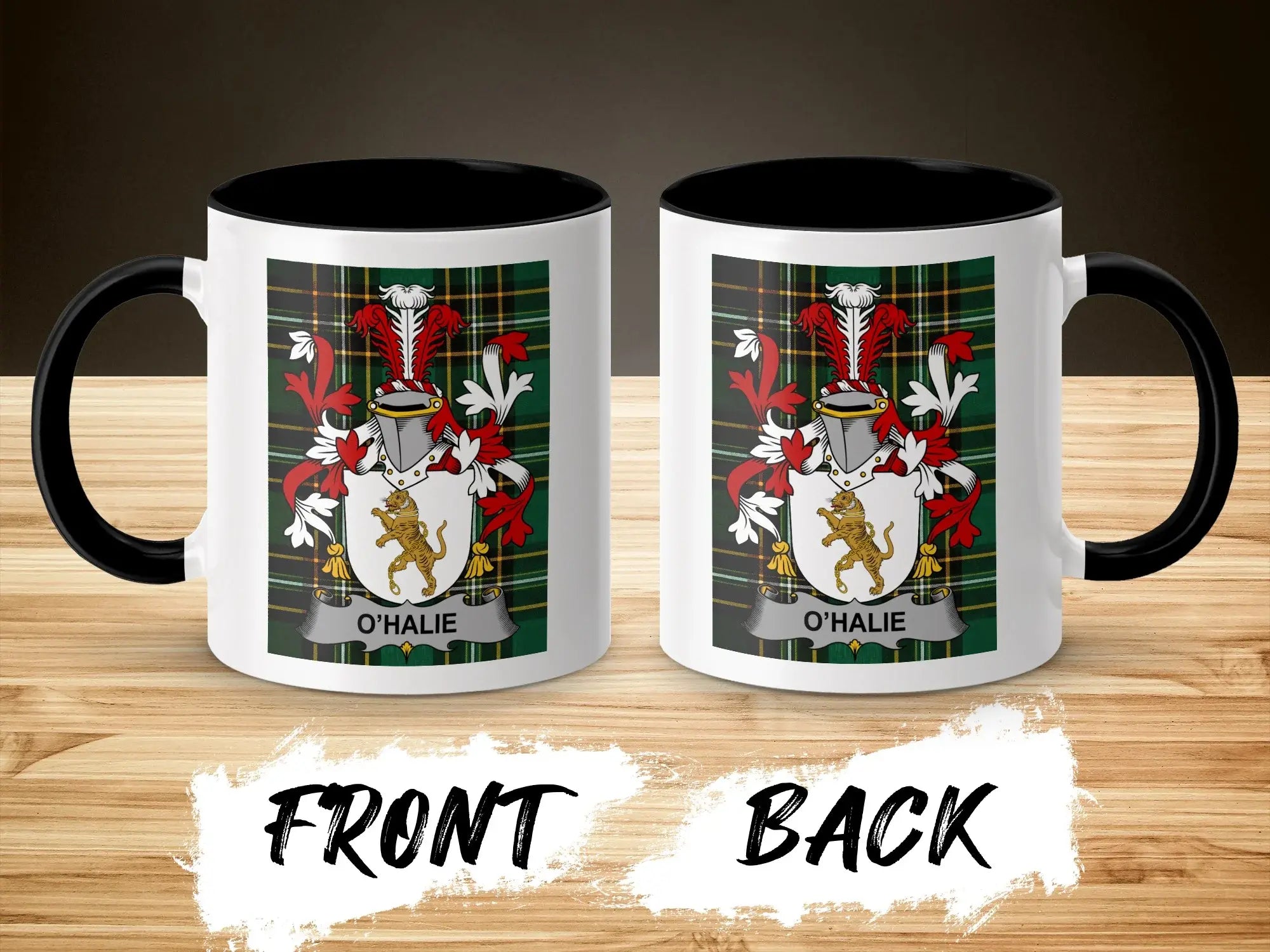 O'HALIE coat of arms on front and back of black and white mug.