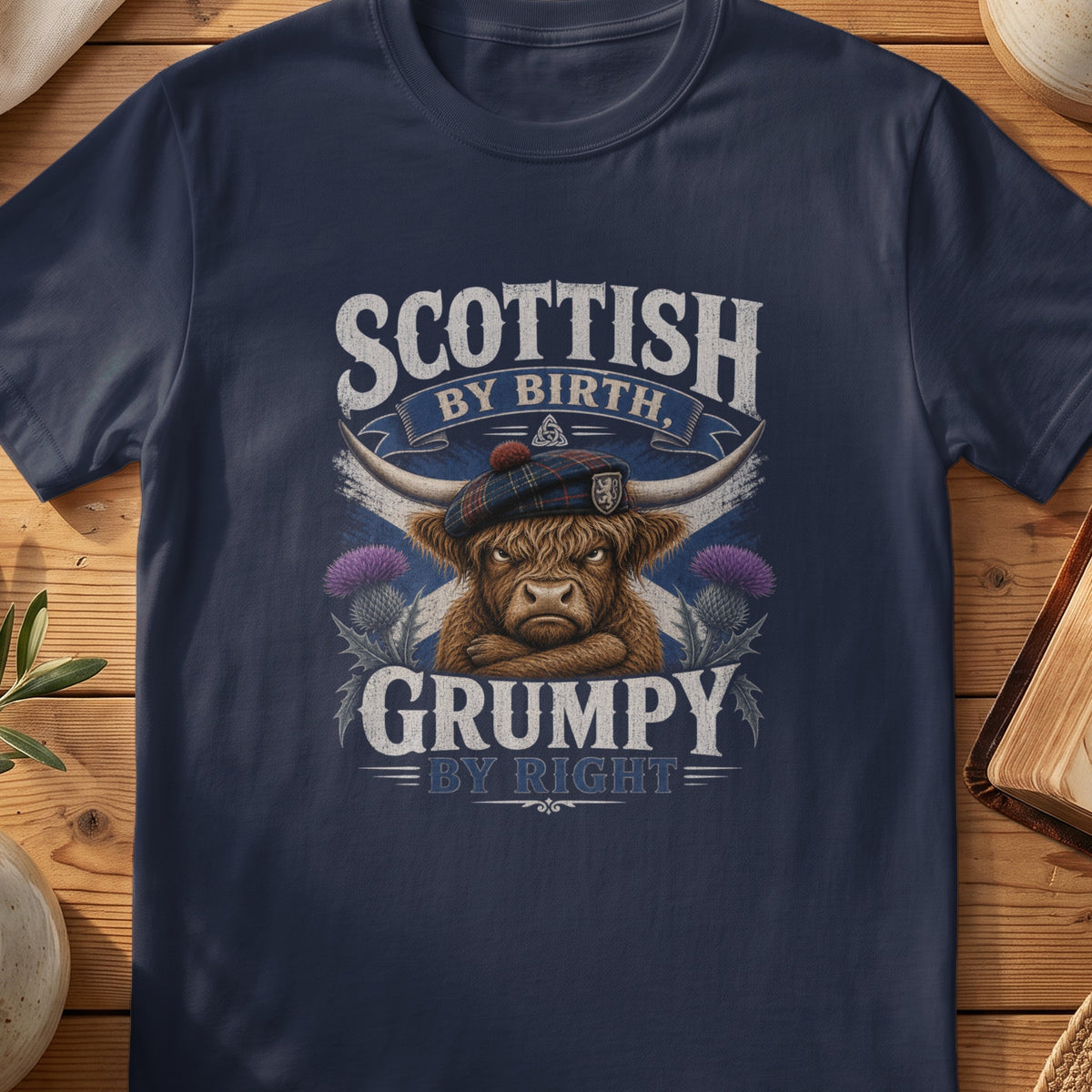 Navy Gildan 64000 unisex T-shirt flatlay with Scottish by Birth Grumpy by Right Scottish graphic design