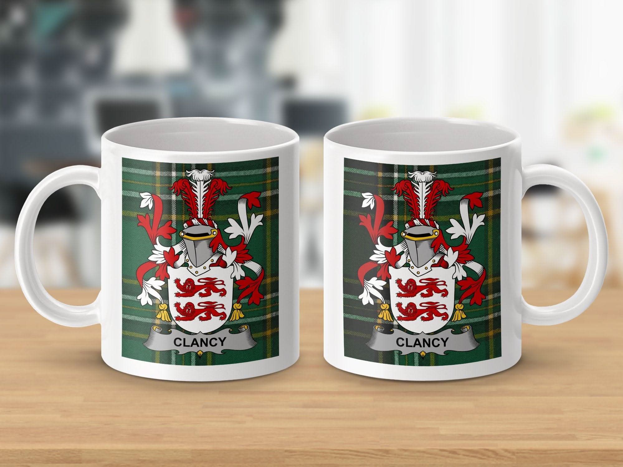 Clancy Surname Family Crest Irish National Tartan Mug - Celtic Ancestry Gifts
