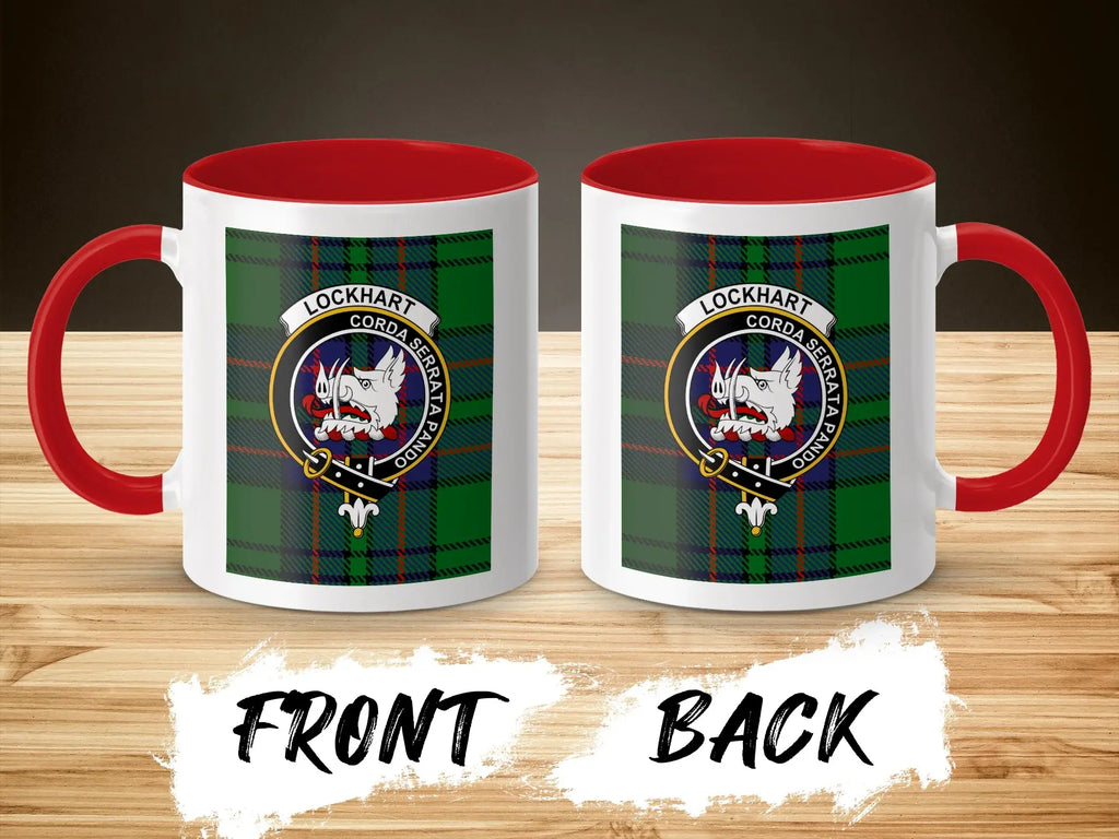 Clan Lockhart tartan accent mug — red handle and interior, 11 oz with Corda Serrata Pando crest design