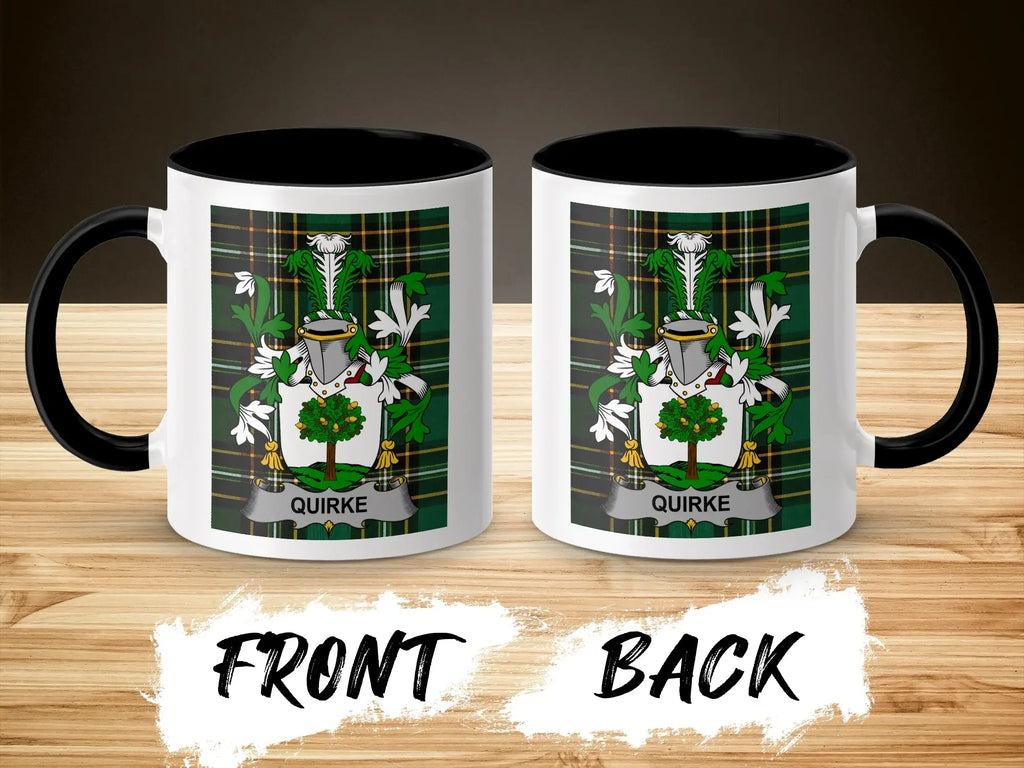 Quirke ceramic accent mug with black handle and surname crest on tartan