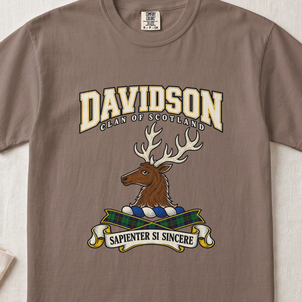 Espresso brown Davidson Scottish clan T-shirt, front flat lay with cream varsity lettering, stag crest and tartan ribbon.