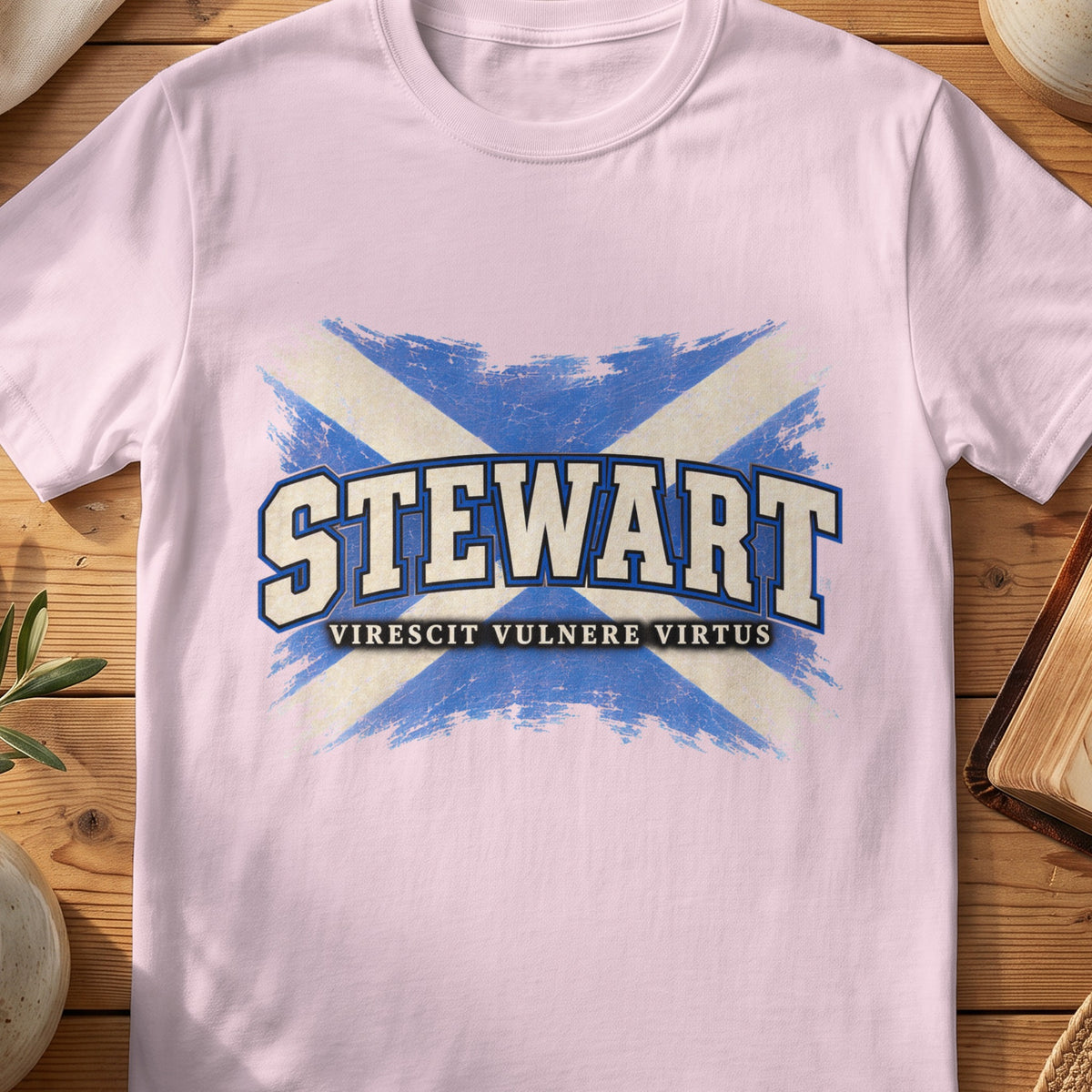 Stewart Scottish Saltire T-shirt in Light Pink, with distressed blue and cream flag and “Virescit Vulnere Virtus” lettering.