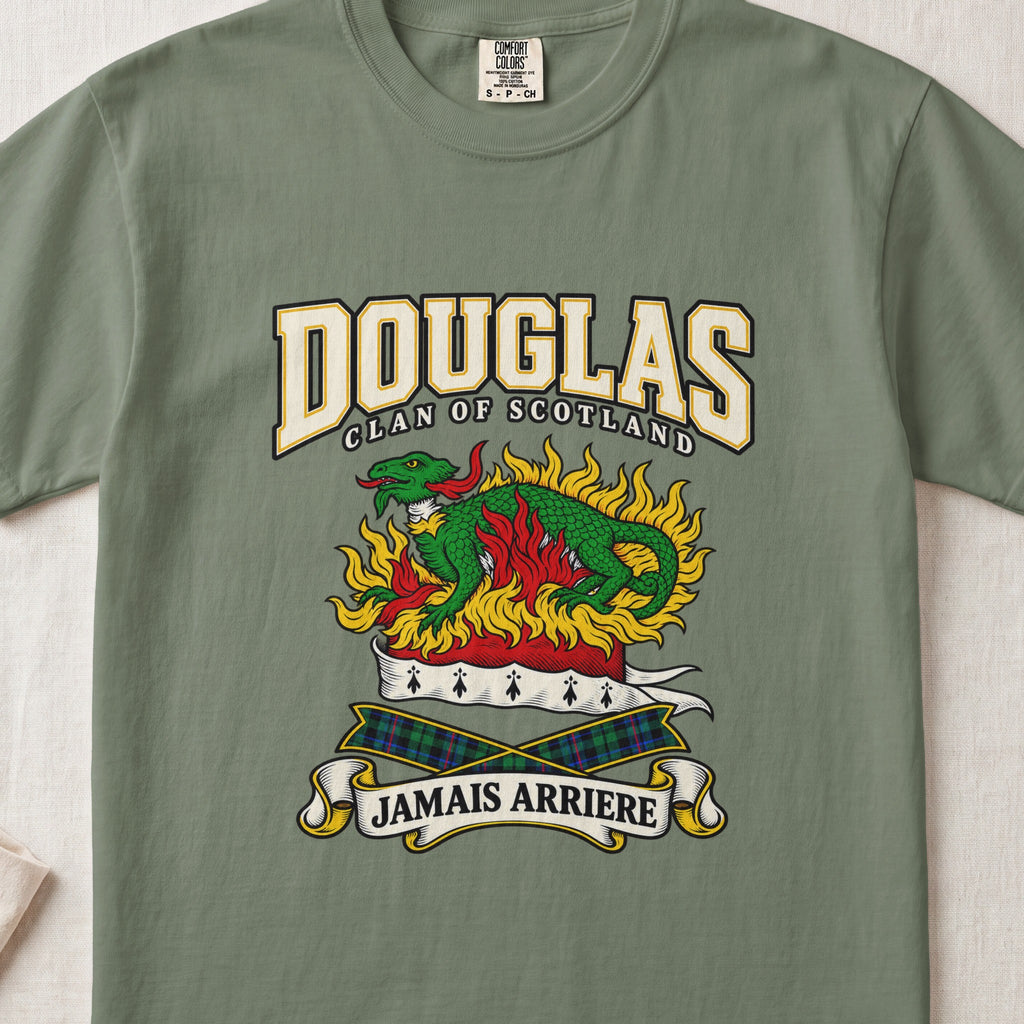 Douglas graphic T-shirt in Moss green, front flat lay showing varsity lettering and green salamander amid gold and red flames.