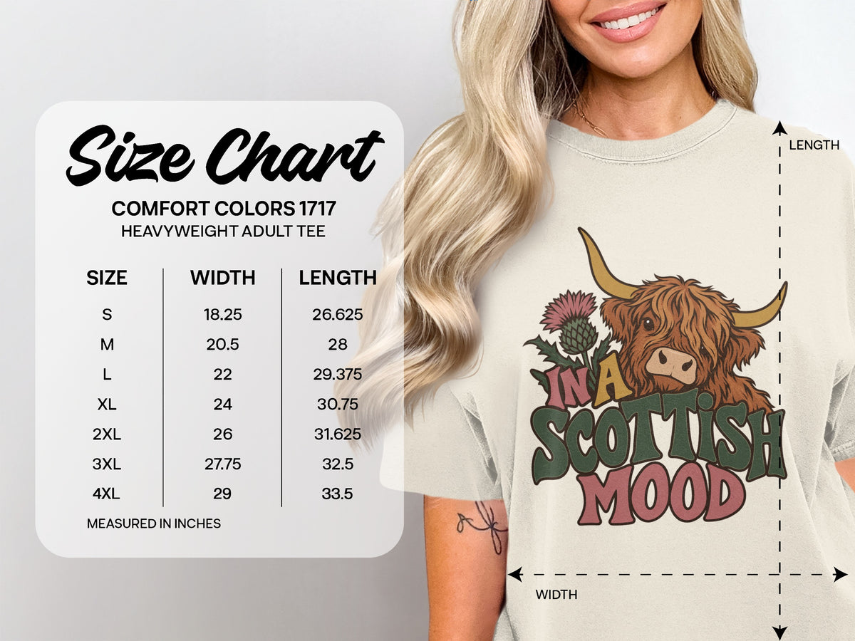 Comfort Colors 1717 size chart, S–4XL, for the In a Scottish Mood Highland cow T-shirt