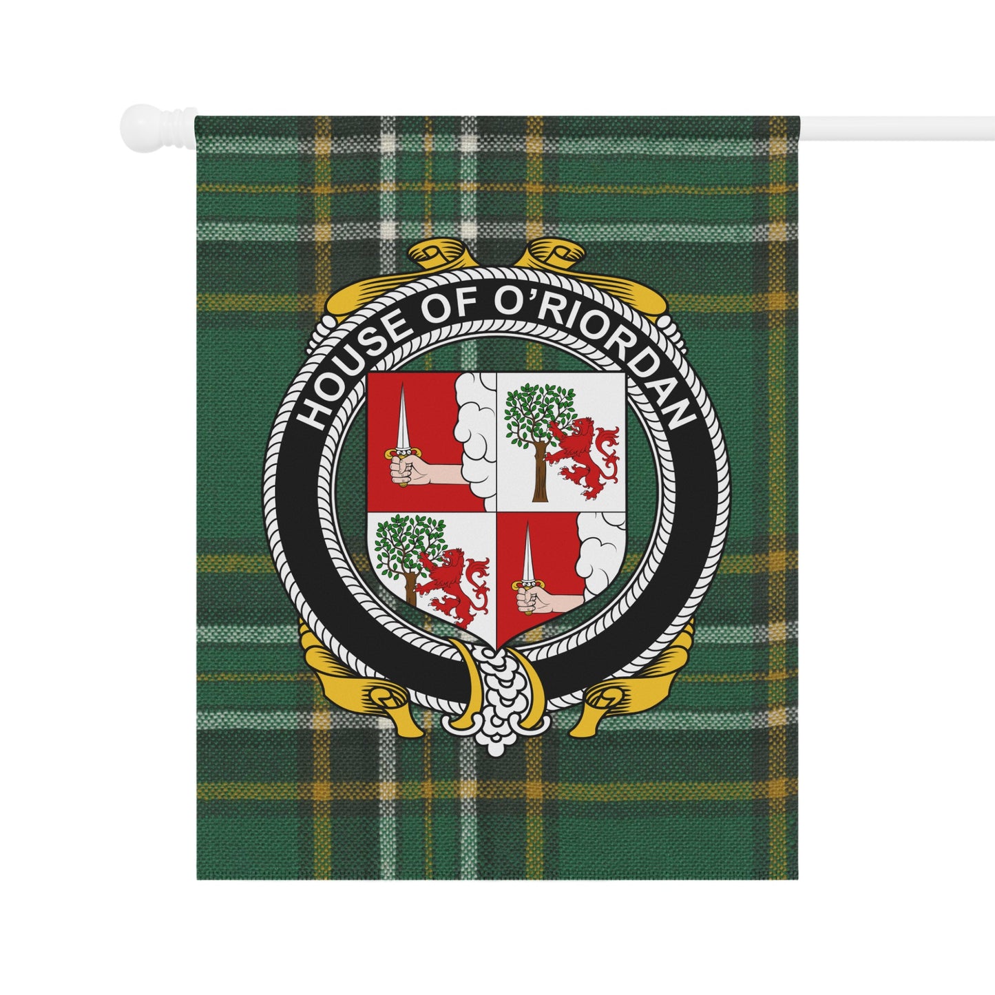 House of O'Riordan Crest on Tartan Pattern Flag