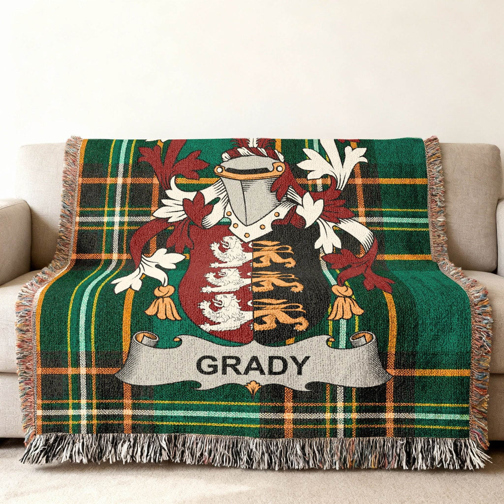 Green plaid blanket with the Grady family crest.