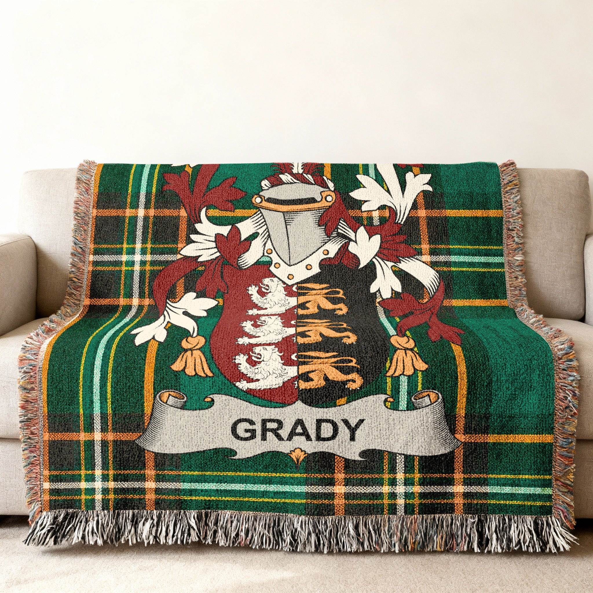 Green plaid blanket with the Grady family crest.