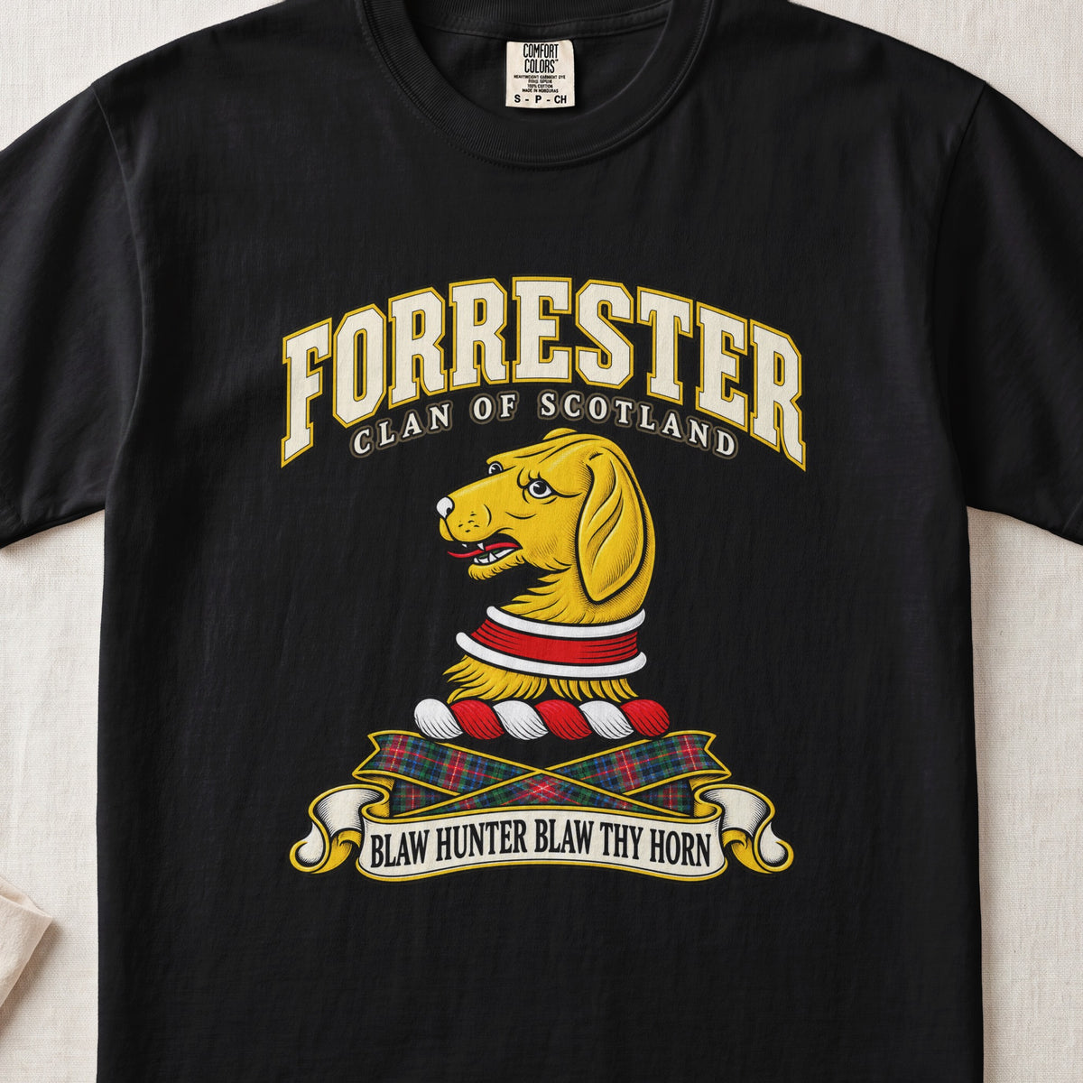 Forrester Scottish clan T-shirt in Black, front view with a gold hound head with a red and white collar and motto banner.
