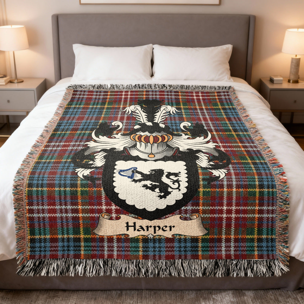Harper Caledonia tartan heritage woven throw blanket with family shield